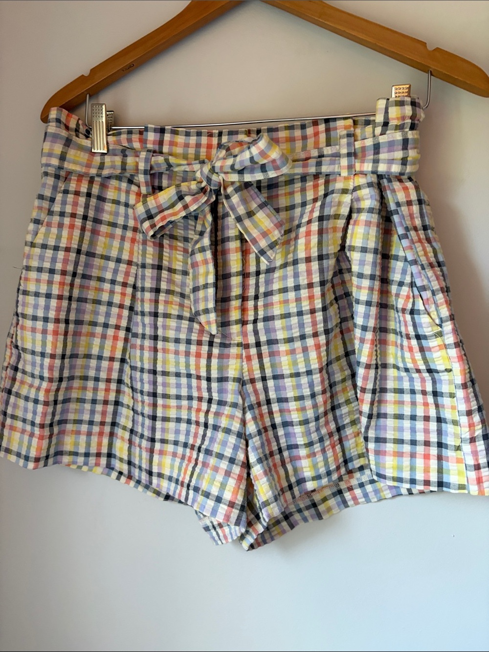 LOFT Plaid Tie-Front Paper Bag Seersucker Women's Shorts in Multicolor